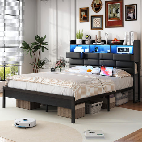 Etditrnp King Size Black Bed Frame with 2 Storage Drawers and Charging Station, Upholstered Bed Frame with PU Leather Headboard LED Lights, Metal Slats Support, No Box Spring Needed, Noise Free Etditrnp