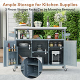 Zevemomo Outdoor Grill Cart, Stainless Steel Tabletop Outdoor Kitchen Island, Solid Wood Outdoor Buffet Cabinet with Lockable Wheels for Grilling, Gray-Blue Zevemomo