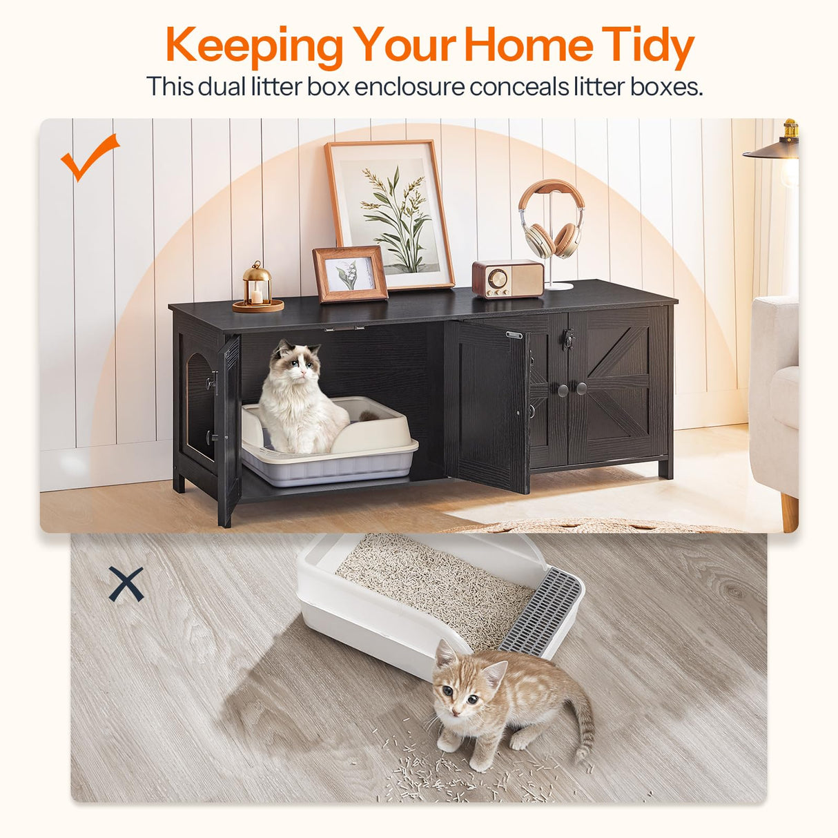 HOOBRO Cat Litter Box Enclosure for 2 Cats, Hidden Litter Box Furniture, 47.2 x 17.7 x 19.7 Inches, Wooden TV Stand with Dual Room, Large Cat House for 2 Cats, Black BK32MW01G1 HOOBRO