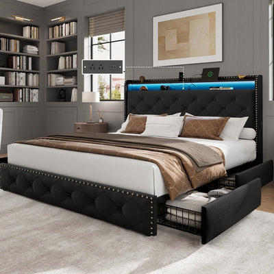 LARMACE Queen Size Bed Frame with Storage & LED Lights & USB Charging Station, Velvet Upholstered Platform Bed with Headboard and 4 Drawers, No Box Spring Needed, Easy Assembly, Black