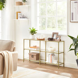 VASAGLE 51.2 Inch Console Table with 3 Shelves, Sofa Table, Entryway Table, Metal Frame, Tempered Glass Shelf, Modern Style, for Entryway Living Room Bedroom, Metallic Gold and Transparent ULGT024A01 VASAGLE