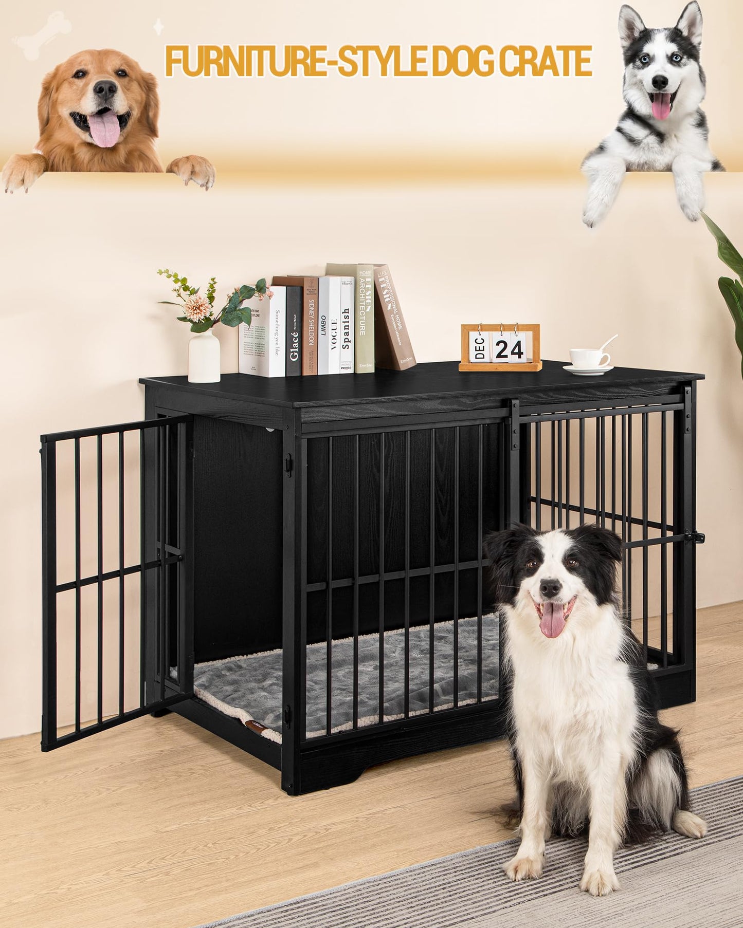 Hzuaneri Dog Crate Furniture, 44.1" Double Door Dog Crate with Barn Door, Dog Kennel Indoor, End Side Table Wooden Dog Crate for Small Medium Large Dog, Anti-Chew Anti-Escape, Black