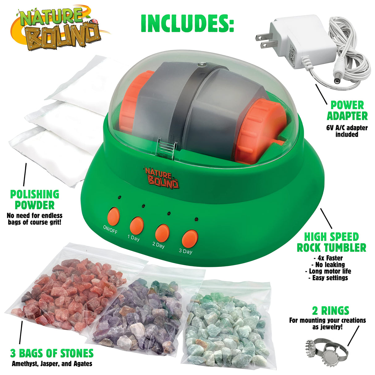 Nature Bound Starter Rock Tumbler Kit for Kids– Includes Rough Gemstones, Polishing Grits, Jewelry Fastenings, and Instructions – Great STEM Science Kit for The Future Geologist, Boys & Girls Ages 8+ Nature Bound