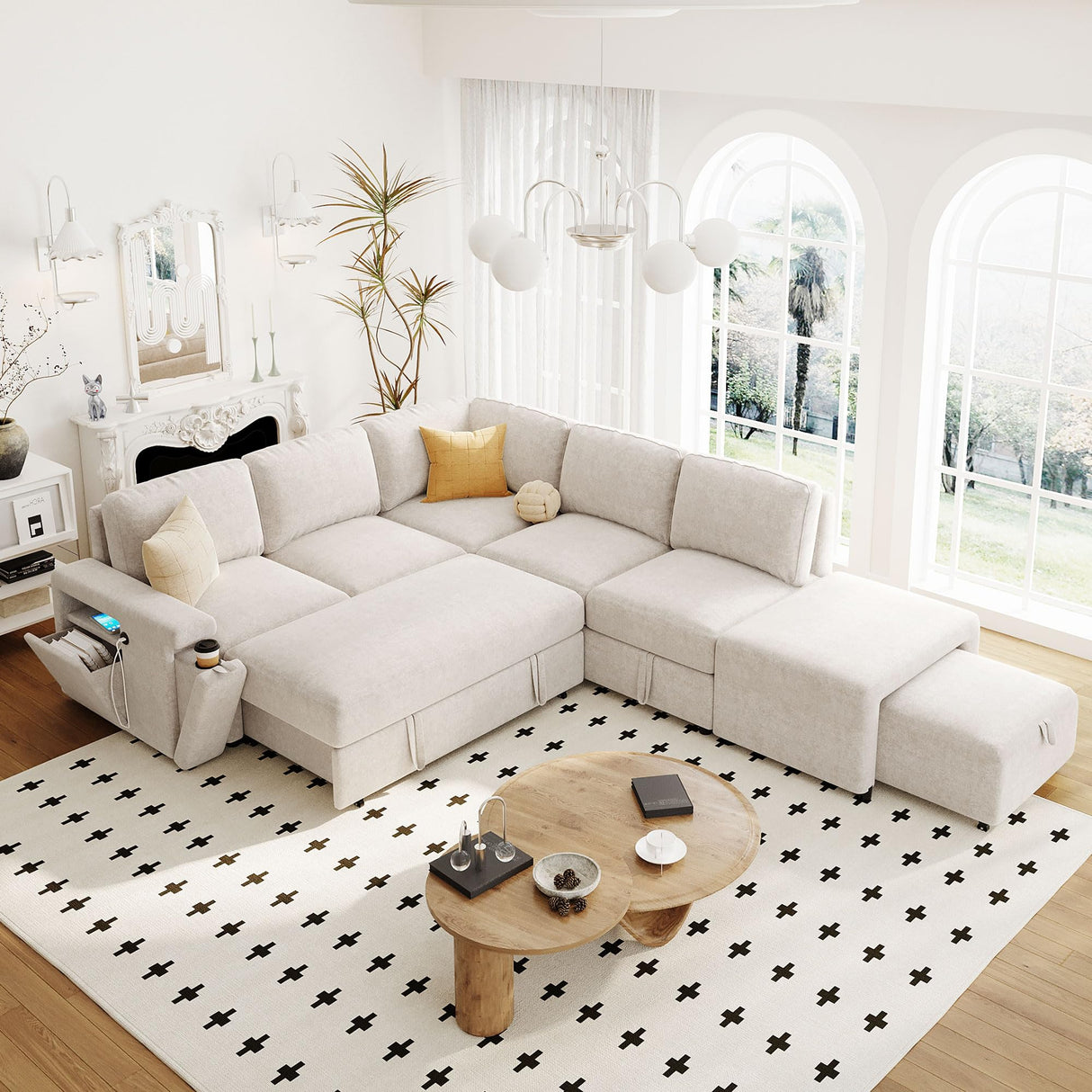 Merax L-Shaped Sectional Sofa with Removable Storage Ottoman, USB Ports and Cup Holder, Upholstered Modular Couch & Armrest, Free Combination Indoor Furniture for Living Room, Apartments, Beige Merax