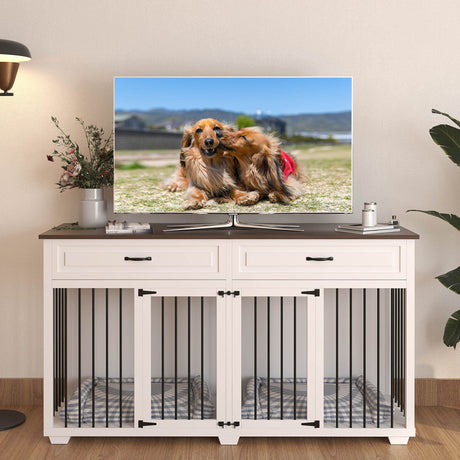 DAWNSPACES Dog Crate Furniture, 72 Inch Heavy Duty Wooden Large Dog Kennel with Drawers & Divider, Indoor Furniture Style Dog Crate with Double Rooms for Large Medium Small Dogs, White DAWNSPACES