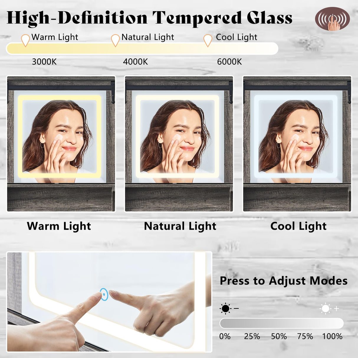 AMERLIFE 47.2" Farmhouse Vanity Desk with Mirror and Lights, Rustic Makeup Vanity Table with Charging Station, Vanity Set with Stool & Storage, LED Sliding Mirror & Glass Top, Dark Oak Finish AMERLIFE