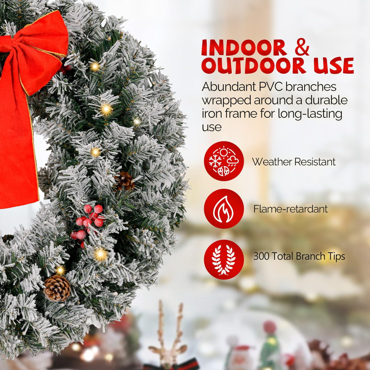 VINGLI 36 Inch Prelit Christmas Wreath, Artificial Christmas Wreath for Front Door, Window, Fireplaces, Indoor Decorate, with 100 LED Lights, 300 Forested Branches (Plug-in) VINGLI