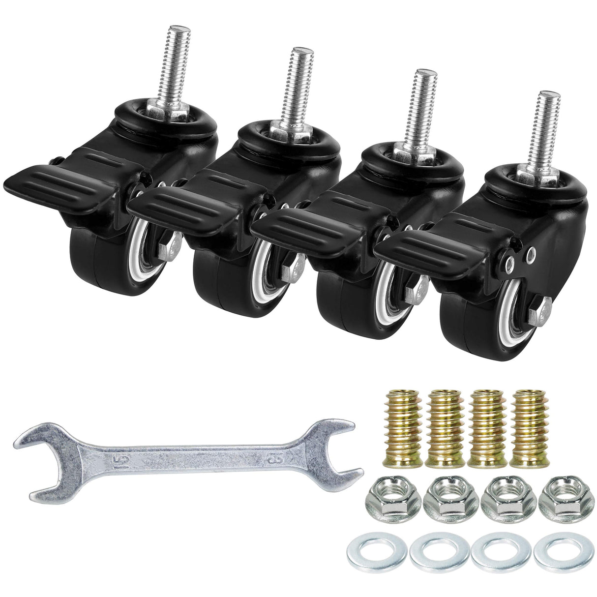 1.5 Inch Swivel Caster Wheels Set of 4, YEEMIGO Locking Casters Heavy Duty Total Capacity 330lbs, Metric M8×25mm Threaded Stem PU Casters with Brake, Castors for Hardwood Floor Carpet YEEMIGO