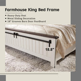 Farmhouse King Size Bed Frame with Sliding Barn Door Footboard and 47" Headboard in White IFGET