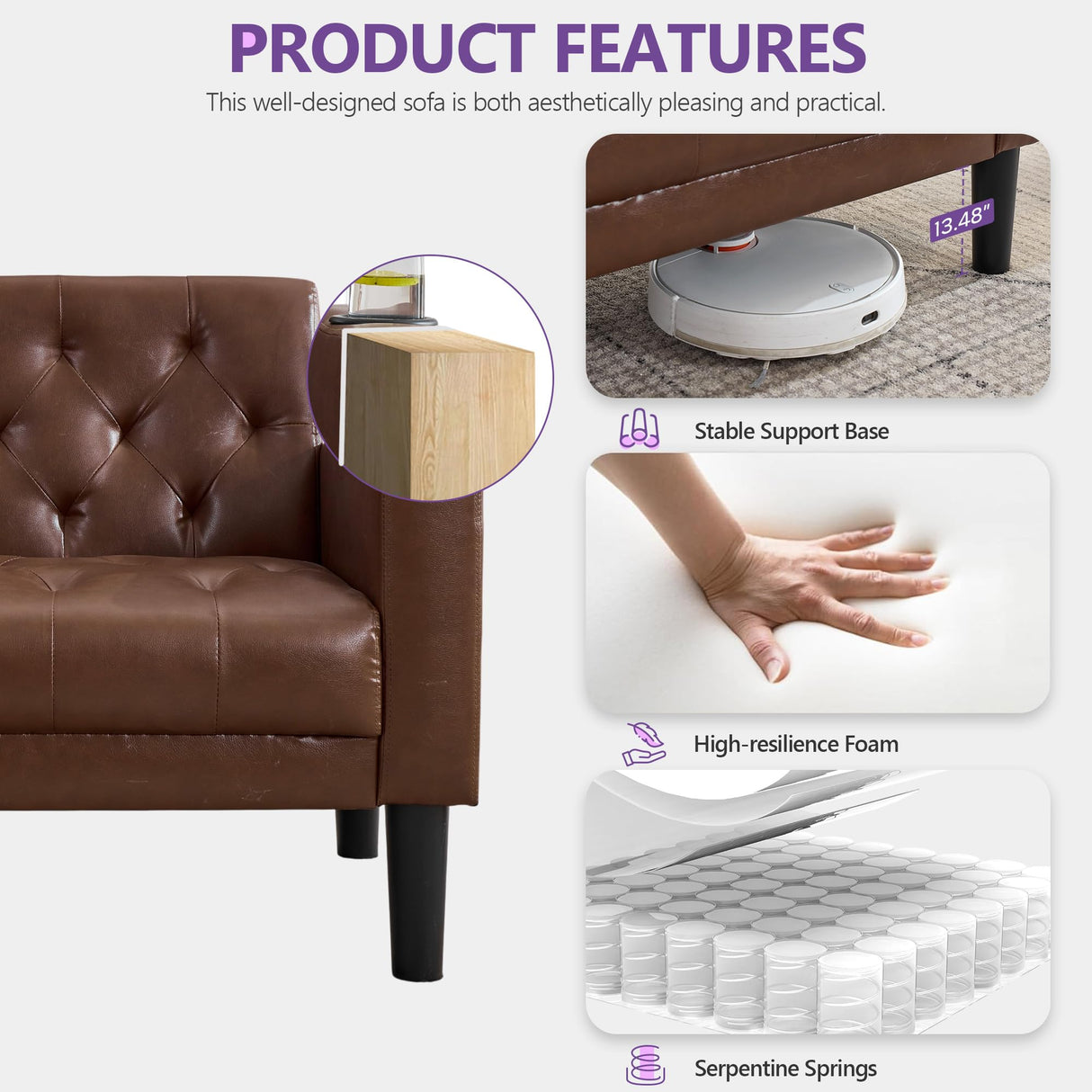 TYBOATLE 62" W Brown Leather Loveseat w/ 2 USB and 2 Cupholders, Mid-Century Modern Tufted Small Love Seat Couches for Office, Living Room, Bedroom, Dorm (1, Brown) TYBOATLE