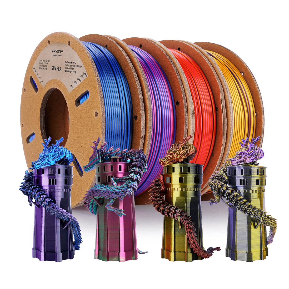 ERYONE Silk Tri-Color Coextrusion PLA Filament,3D Printer 1.75mm +/- 0.03mm, Triple Color Filament 0.25kg/spools,4Pack(2.2lbs), Red/Gold/Black, Gold/Purple/Black, Blue/Purple/Black, Red/Blue/Green ERYONE