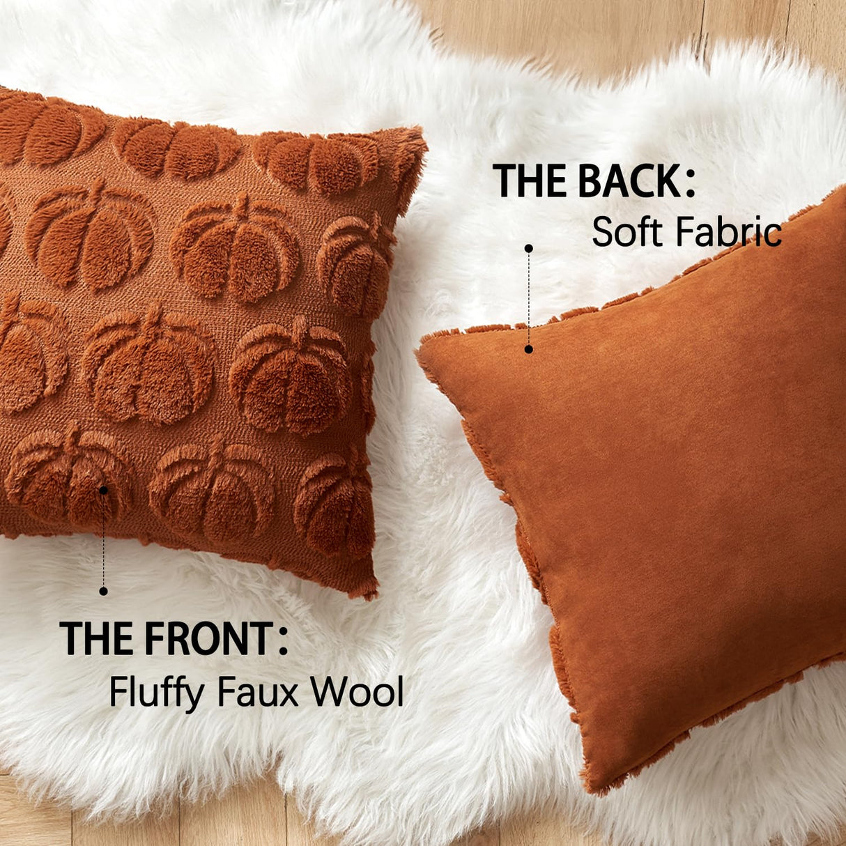 MIULEE Fall Throw Pillow Covers 18x18 Set of 2 Autumn Decorations Dark Rust Pumpkin Accent Pillowcase for Outdoor Porch Sofa Couch Bed Living Room Plush Faux Fur Halloween Farmhouse Home Decor MIULEE
