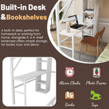 MoproBeti Bunk Bed with Desk,Upper Shelf & Storage Bookshelves,Metal L-Shaped Full Over Twin Bunk Beds with LED & Charge Station,Full Loft Bed w/Ladder,Safety Guardrail for Boys Girls,White MoproBeti