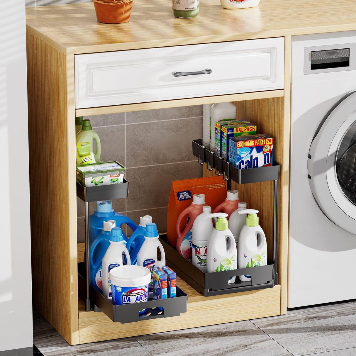 Delamu 2 Pack Under Sink Organizers and Storage, 2 Tier Pull Out Bathroom Cabinet Organizer, L-Shape Black Under Bathroom Kitchen Sink Organizer with Drawer for Under Sink Storage Organizer Delamu