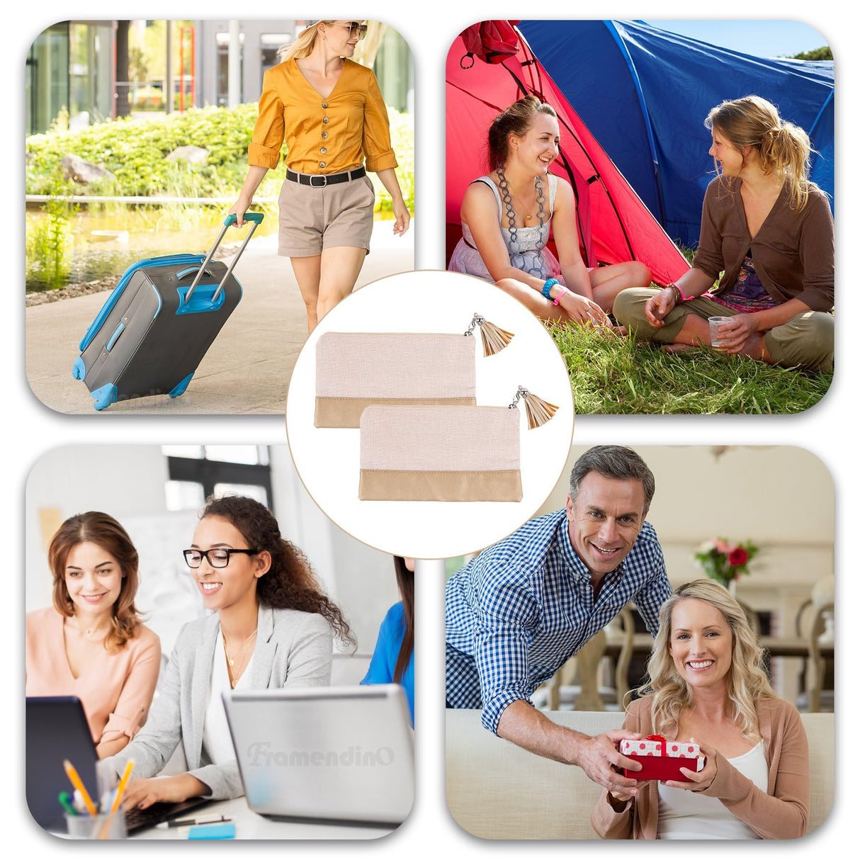 Framendino, 6 Pack Sublimation Blank Canvas Makeup Bags with PU leather Bottom DIY Heat Transfer Cosmetic Bag Pencil Pouches Travel Toiletry Tassel Zipper Bags for DIY Crafts Framendino