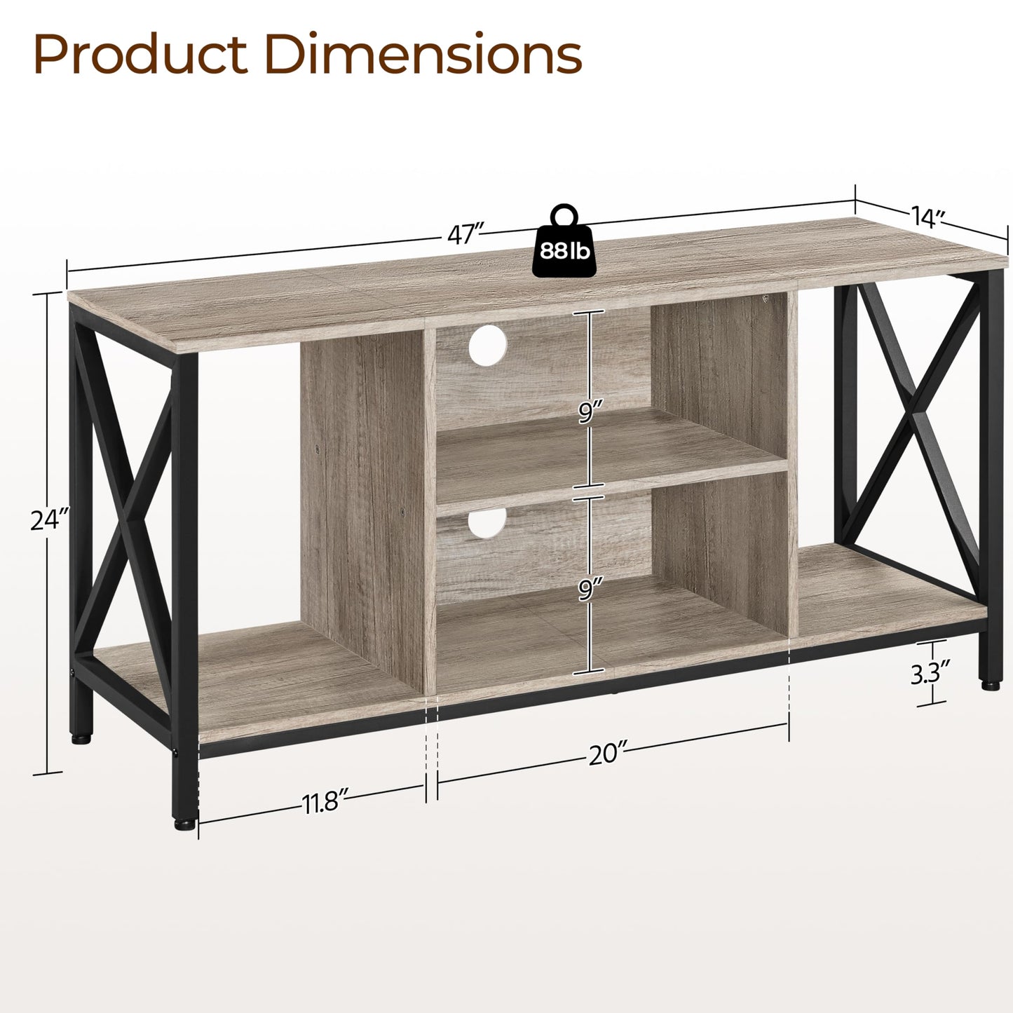 Yaheetech Industrial TV Stand for 55 Inch TV, Entertainment Center Media Console Table with Open Storage for Living Room, Wood Modern Furniture, Gray