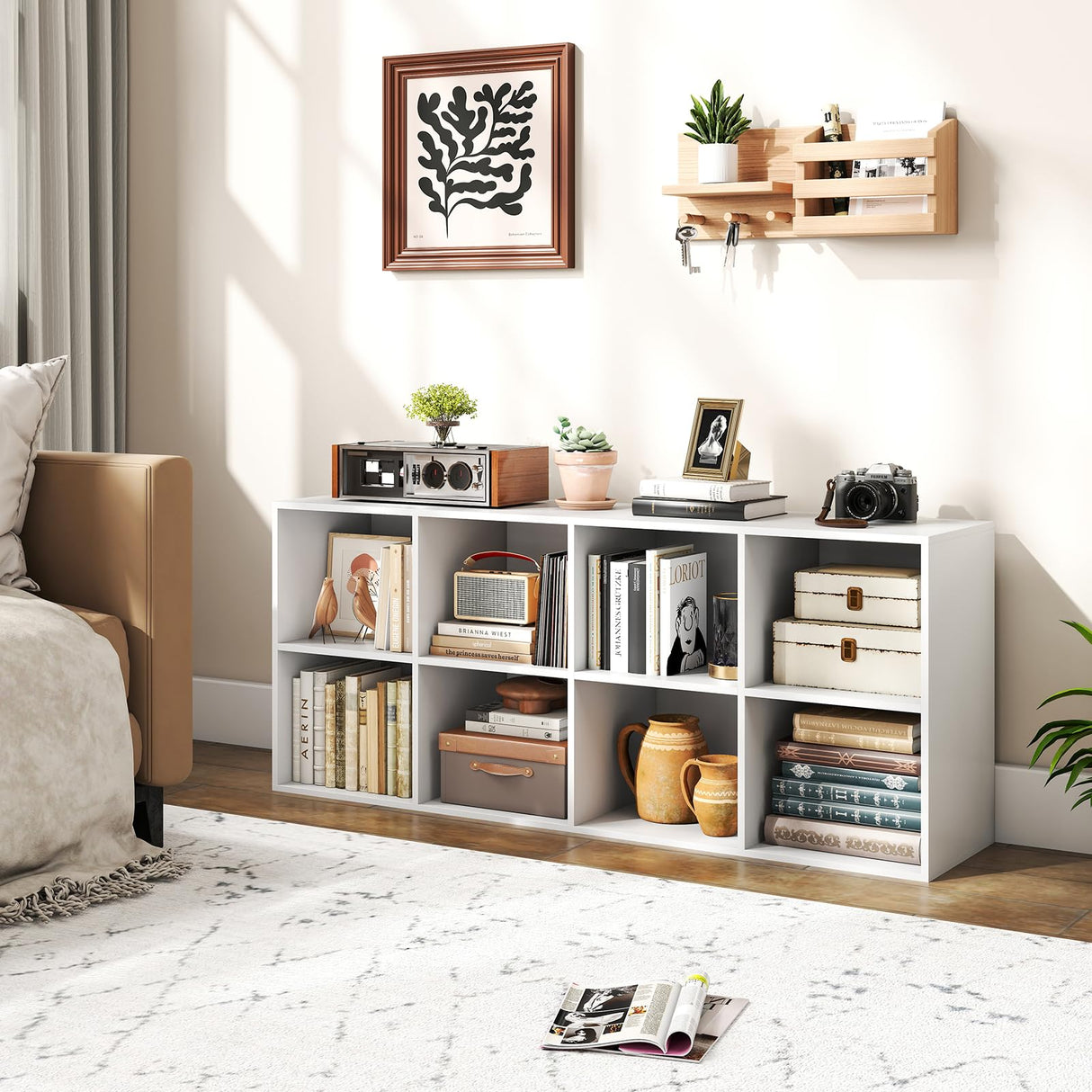 Tangkula 8-Cube Bookcase, Large Floor Standing Horizontal Bookshelf with 8 Open Shelves & 2 Anti-Tipping Kits, Home Office Wooden Storage Book Shelf for Living Room, Study (White, 8-Cube) Tangkula