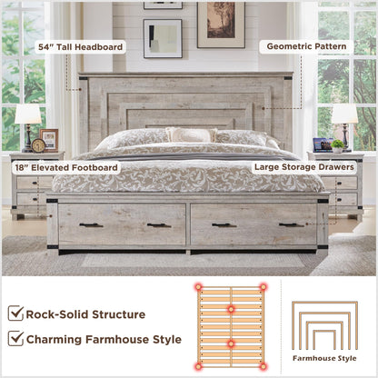 RedLemon Farmhouse Queen Bed Frame with 54" Geometric Headboard & Storage Drawers in Light Rustic Oak - WoodArtSupply