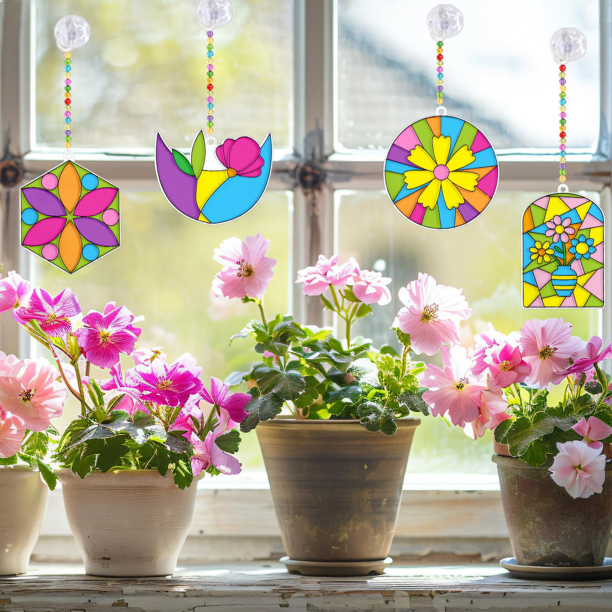 WorldBazaar Summer Flower Suncatchers Crafts for Kids 24 Sets DIY Window Painting Art Suncatchers Decoration Christmas Birthday Wedding Party Supplies WorldBazaar