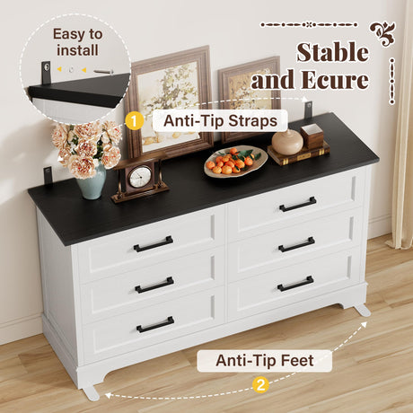 Furmax Farmhouse Dresser for Bedroom, 6 Drawers Dresser, Wood Chest of Drawers, 52" Wide Storage Dressers Organizer for Bedroom, Living Room, White and Black Furmax
