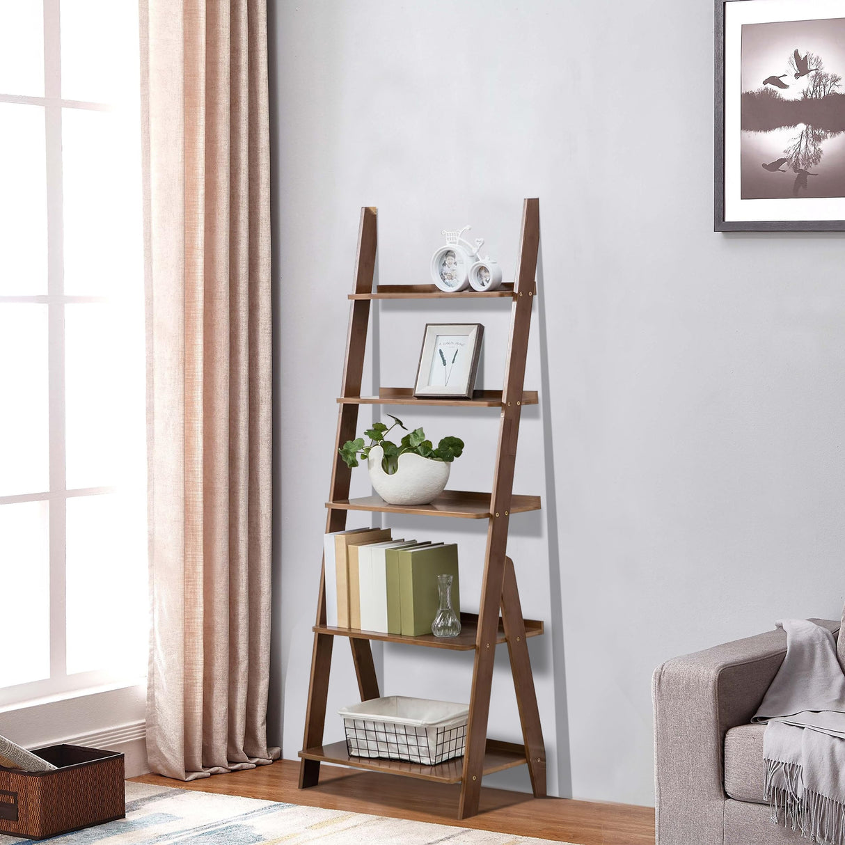 Maydear Bamboo Ladder Shelf Bookcase, 5-Tier Leaning Bookshelf Free Standing Organizer Storage Shelves for Living Room, Bedroom, Kitchen, Home Office, Balcony, Walnut Maydear