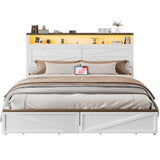 IRONCK Farmhouse King Size Bed Frame with LED Light and Charging Station, Wood Bed Frame with Storage Headboard and 2 Drawers， Barn Door Design, Sturdy and Noiseless, White IRONCK