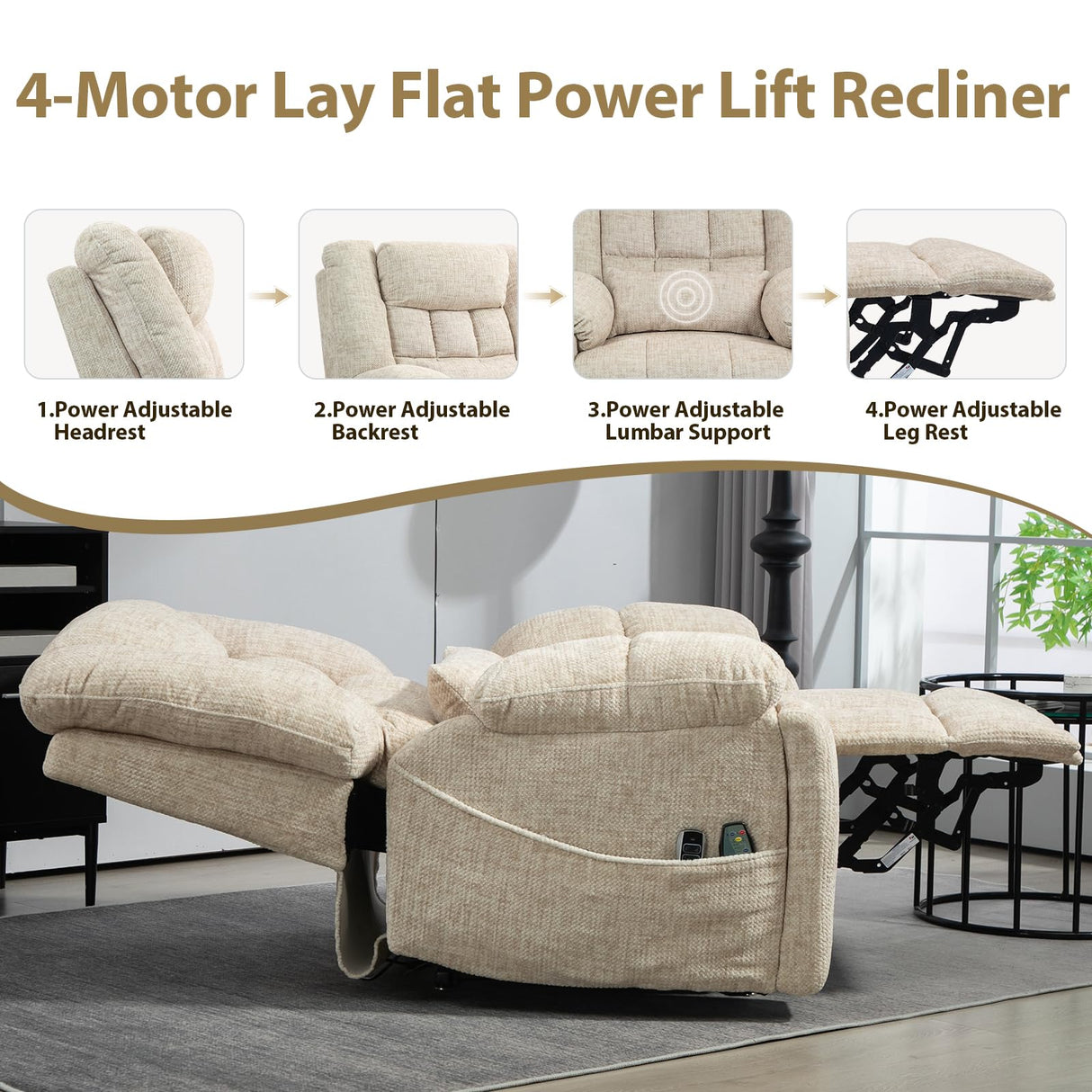 SINCRUMI 4-Motor Power Lift Chairs for Elderly with Heat & Massage, Infinite Position Adjustable Headrest, Lumbar and Footrest, Wide Seat Lay Flat Recliner with Hidden Cup Holders, Cream White SINCRUMI