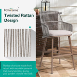 Patiorama Outdoor Bar Stools Set of 4, 46" Counter Height Bar Stools Chair w/Arm and Woven Rope Back, Rattan Bar Stool, Patio Metal Modern Wicker Bar Chairs for Kitchen Island,Pool, Wood Grain Finish Patiorama
