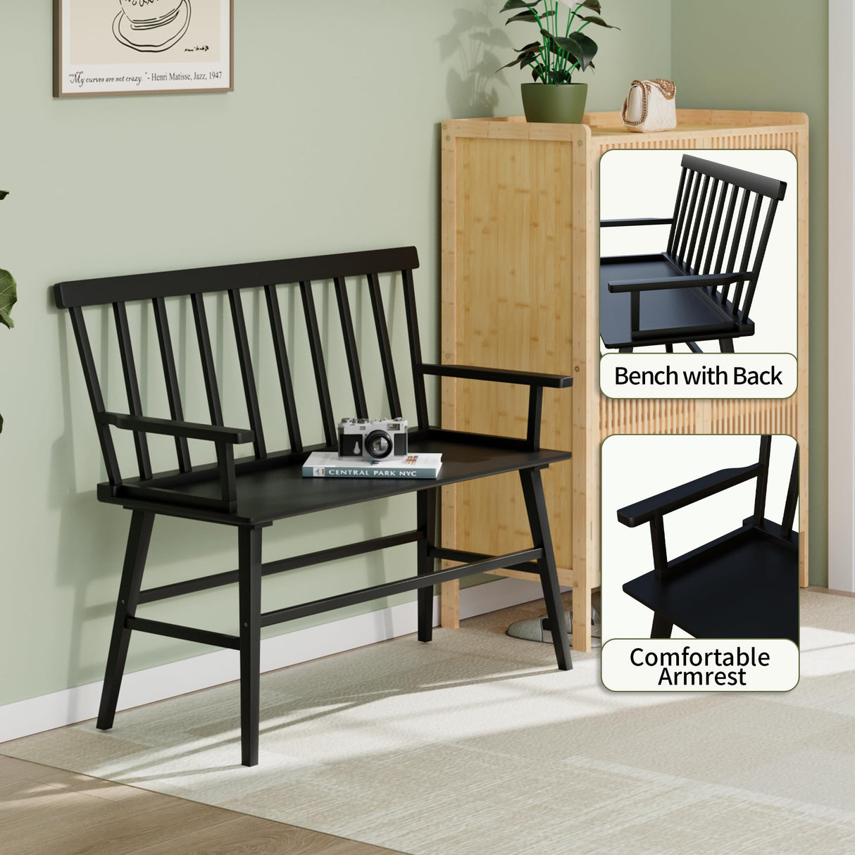 APRTAT Bamboo Entryway Bench, Farmhouse Dining Bench with Spindle Back & Armrest 3 Person Indoor Bench Chair Wood Windsor Bench Durable Easy Assembly for Foyer Balcony Hallway Living Room (Black) APRTAT