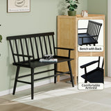 APRTAT Bamboo Entryway Bench, Farmhouse Dining Bench with Spindle Back & Armrest 3 Person Indoor Bench Chair Wood Windsor Bench Durable Easy Assembly for Foyer Balcony Hallway Living Room (Black) APRTAT