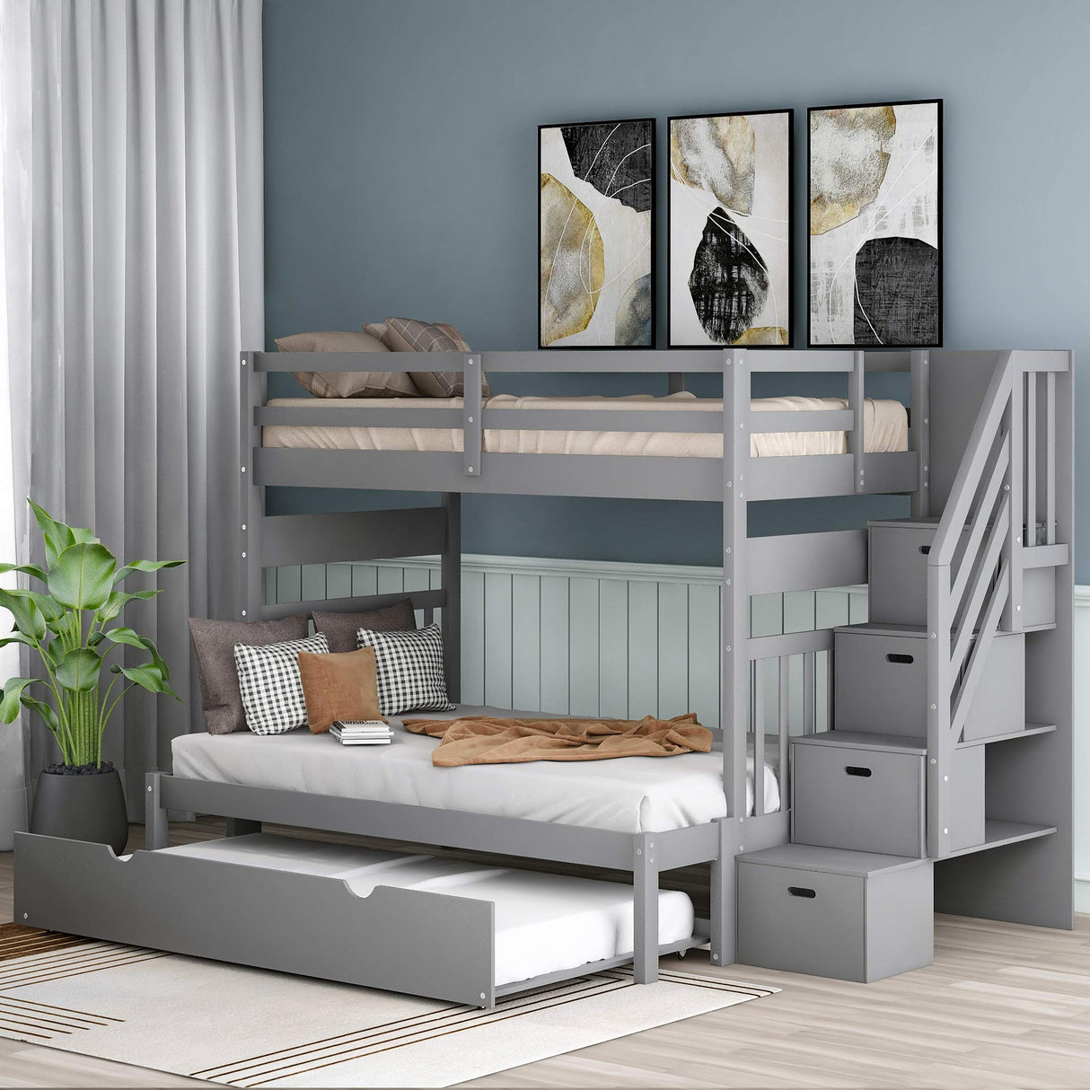 Harper & Bright Designs Stairway Twin Over Twin/Full Bunk Bed with Twin Size Trundle and Drawers, Solid Wood Bunk Bed Staircase Can be Placed on The Left or Right Side (Grey) Harper & Bright Designs