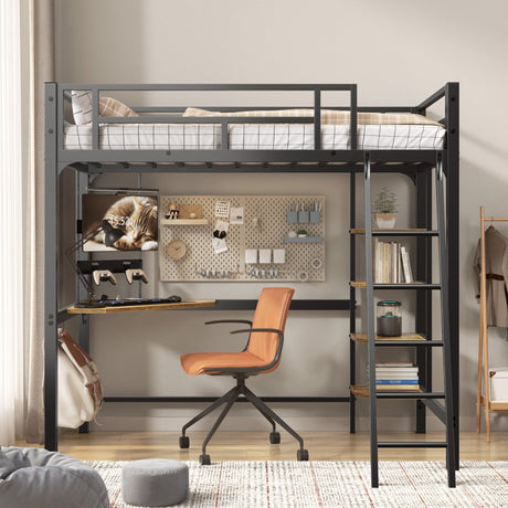 SogesSleep Loft Bed Twin Size, Bunk Bed with Desk, Shelves and Monitor Stand, Heavy Duty Metal Twin Loft Bed with Charging Station, Safety Guard & Ladder, Space-Saving, No Box Spring Needed SogesSleep