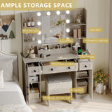 Vanity Makeup Desk with Mirror and Lights, Farmhouse Vanity Table Set with Storage Drawers, Charging Station & Chair, 43" Large Rustic Dressing Table, 3 Lighting Modes for Women Girls Bedroom, Grey Xixini