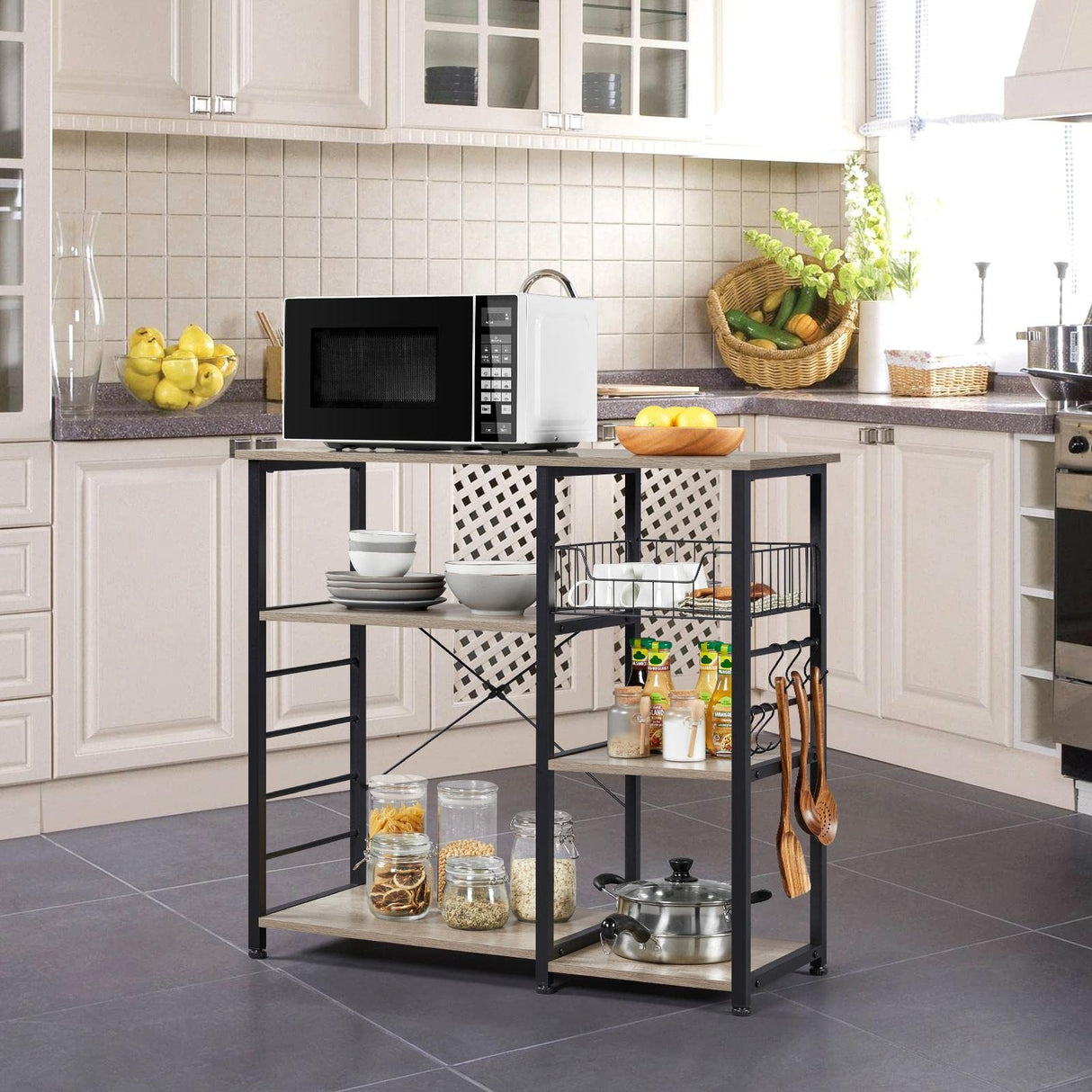 Yaheetech Kitchen Bakers Rack with Wire Basket, Coffee Bar Table Station Microwave Oven Stand Kitchen Utility Storage Shelf with 6 S-Shaped Side Hooks, Metal Frame, 15''D x 35.5''W x 33''H, Gray Yaheetech