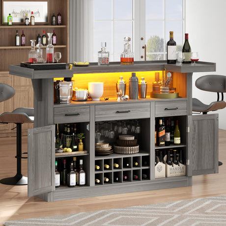 Loomie Bar Table Cabinet with LED & 3 Drawers,Liquor Bar with Adjustable Storage Shelves & Stemware Holders, Wine Alcohol Bar Stand with Door & Wine Rack,Crescent Shaped Counter for Home Pub,Grey Oak Loomie