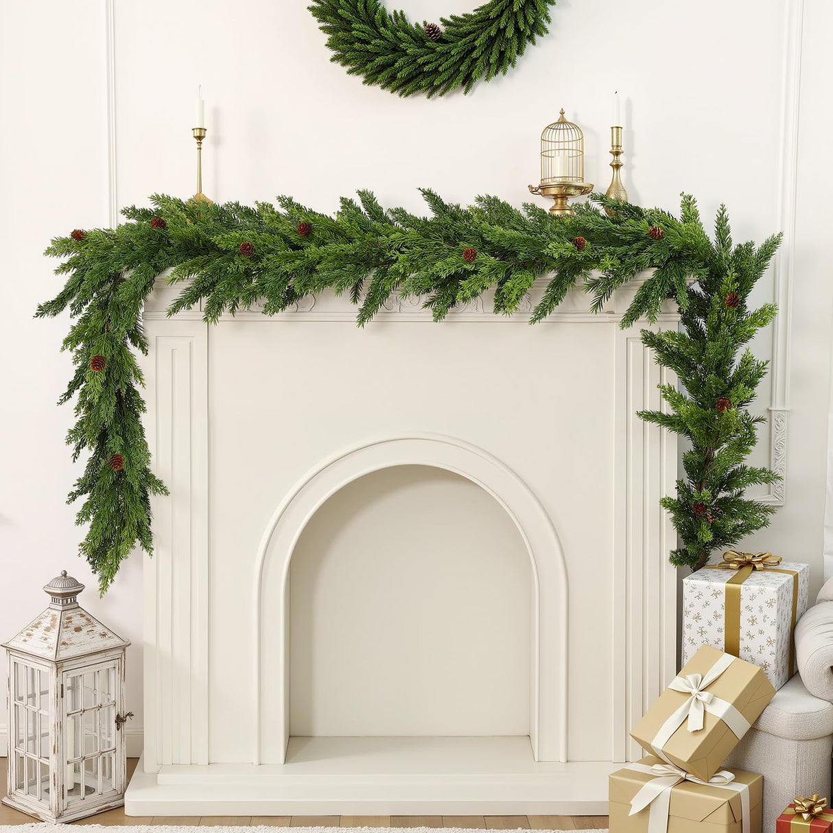 2PCS Christmas Garland, Cedar Garland -Realistic Greenery Cypress Pine Garland with Pinecone for Mantle Table Railing Fireplace Indoor & Outdoor Christmas Decoration Alupssuc