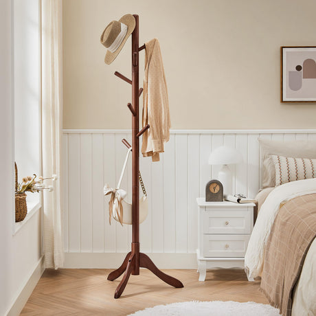 VASAGLE Solid Wood Coat Rack, Free Standing Coat Rack, Tree-Shaped Coat Rack with 8 Hooks, 3 Height Options, for Clothes, Hats, Bags, for Living Room, Bedroom, Home Office, Dark Walnut URCR01WN VASAGLE