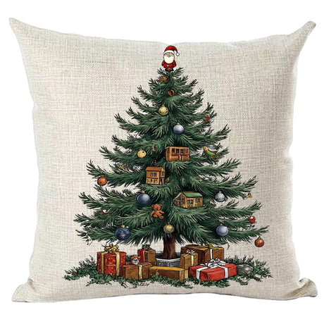Ramirar Merry Christmas Happy New Year Retro Green Pine Tree Balloons Birds Dolls Gifts Decorative Throw Pillow Cover Case Home Living Room Bed Sofa Car Cotton Linen Square 18 x 18 Inches Ramirar