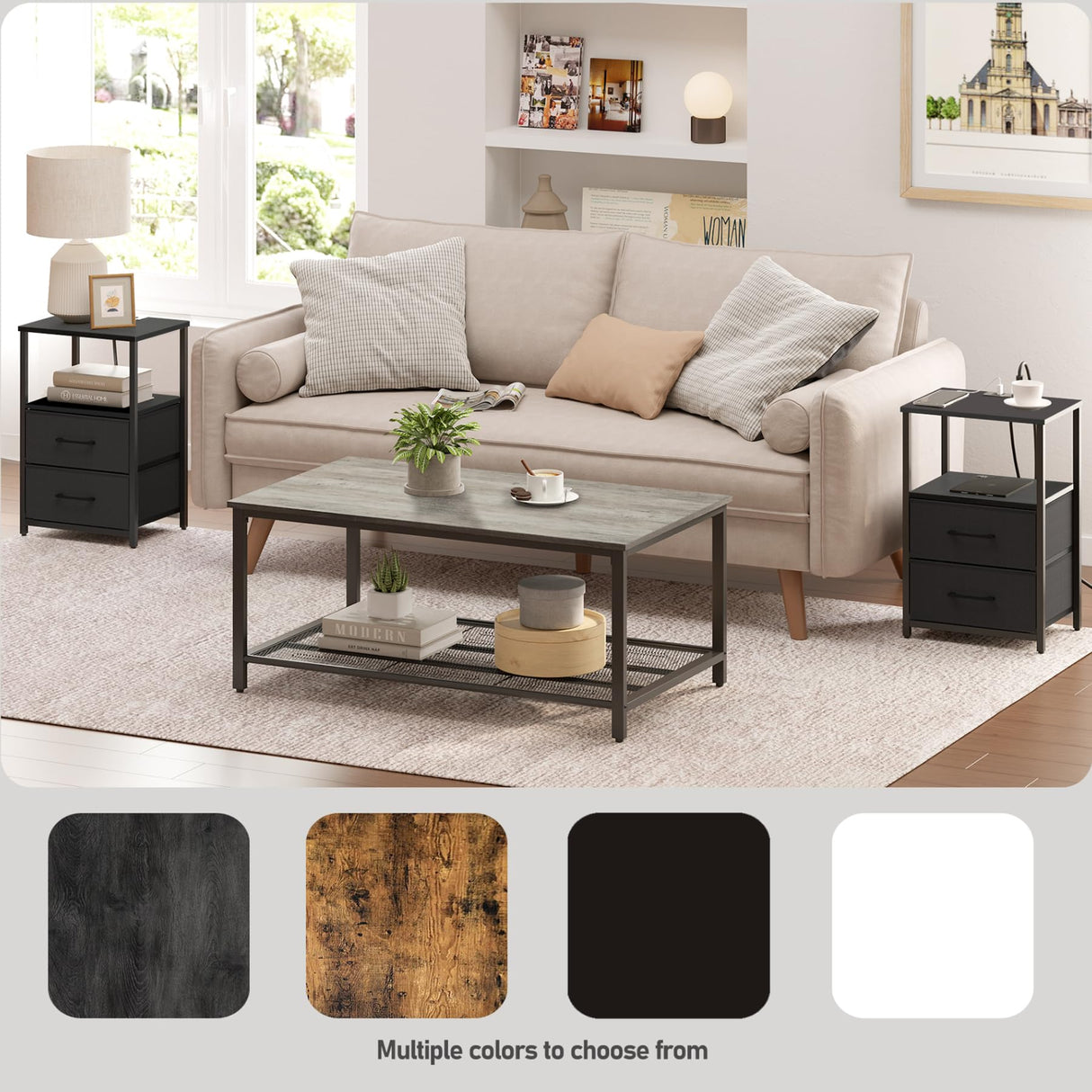 TUTOTAK LED End Table with Charging Station, Nightstand with Cloth Drawer, Side Table with 1 USB Port and 1 Type-C Port, Set of 2, Couch Table, Black TB01BK052L TUTOTAK