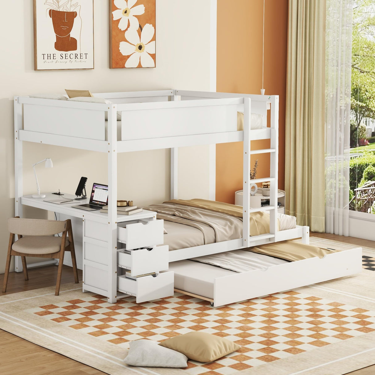 Harper & Bright Designs Full Over Full Bunk Bed Twin Size Trundle, Wood Full Bunk Bed with USB Ports, Storage and Desk, White Harper & Bright Designs