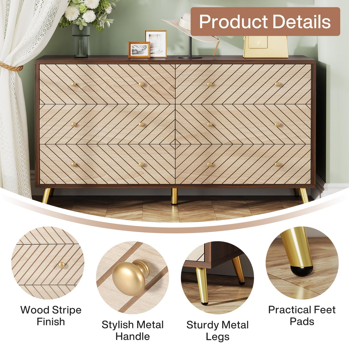 Tribesigns 47-Inch Dresser for Bedroom with 6 Drawers, Double Wide Chest of Drawers with Gold Legs, Wood and Metal Storage Dresser for Closet, 6-Drawer Dressers Cabinet (Dark Brown+Natural) Tribesigns