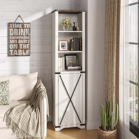 Farmhouse Bookshelf, 67'' Tall Narrow Bookcase with Metal X Barn Door, Antique White Bathroom Storage Cabinet with Adjustable Shelves, 5 Tier Skinny Book Shelf for Home Office, Kitchen, Living Room FiveWillowise