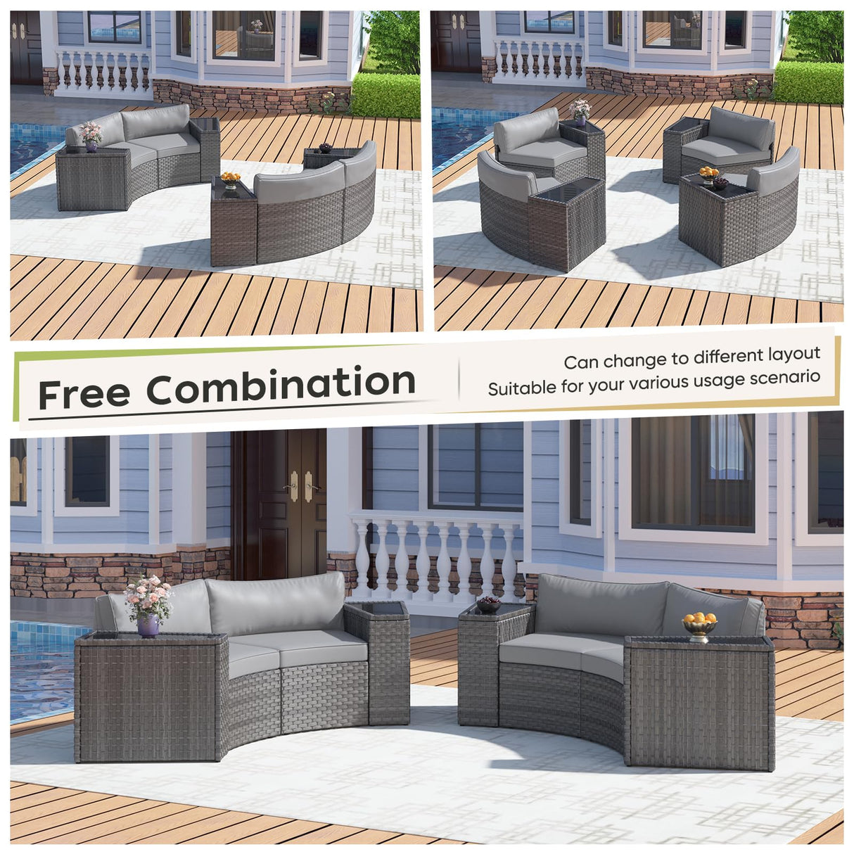 ABCASA 9-Piece Half Moon Patio Furniture Set with 44" Fire Pit Table, Curved Outdoor Sofa Set w/Thick Cushion & Wedge Side Table, Wicker Patio Sectional Conversation Sets for Porch,Backyard (Grey) ABCASA