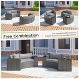 ABCASA 9-Piece Half Moon Patio Furniture Set with 44" Fire Pit Table, Curved Outdoor Sofa Set w/Thick Cushion & Wedge Side Table, Wicker Patio Sectional Conversation Sets for Porch,Backyard (Grey) ABCASA