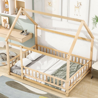 Brafab Natural Montessori Floor Bed with House Roof and Safety Guardrails for Kids - WoodArtSupply