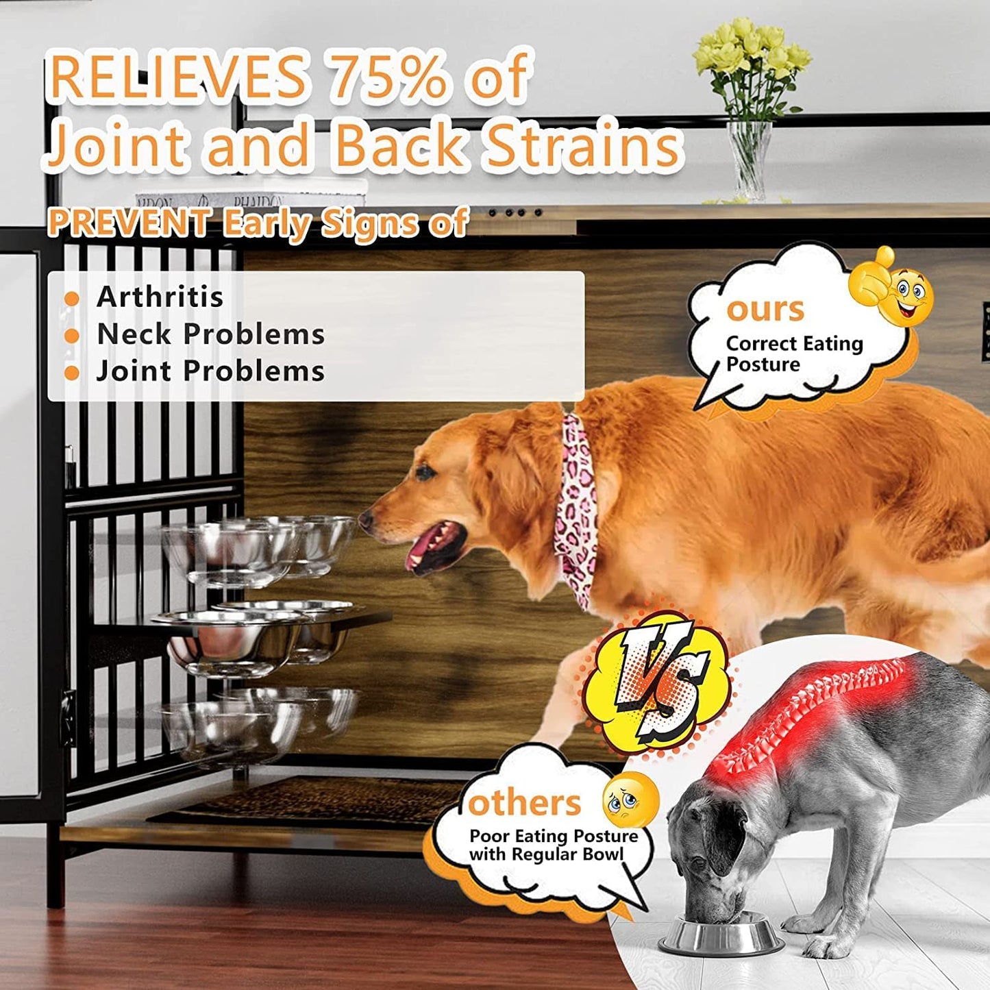 ROOMTEC Dog Crate Furniture-Style Cages for Large Dogs Indoor Heavy Duty Super Sturdy Dog Kennels with 2 Stainless Steel Bowls (48Inch = Int.dims: 46" W x 29" D x 35.5" H) - WoodArtSupply