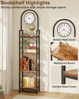 HIGDBFE Bookshelf, 4 Tier Arched Bookshelf with Built-in Clock, 68.2" Tall Narrow Bookcase, Modern Standing Book Shelf for Living Room, Bedroom, Home Office, Rustic Brown HIGDBFE