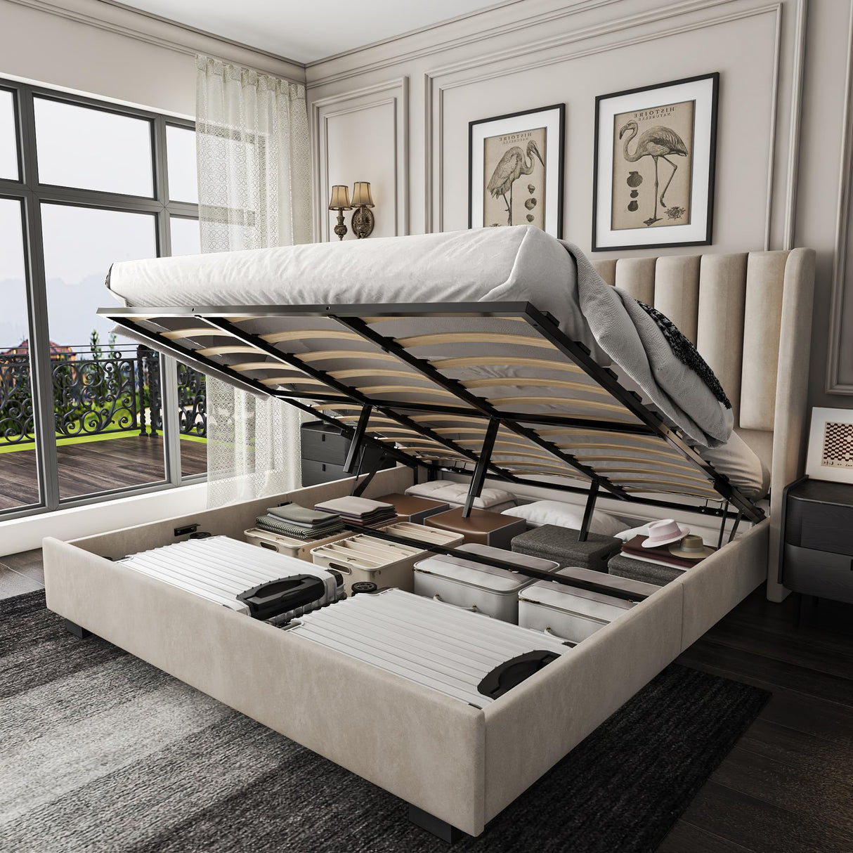 King Size Upholstered Lift Up Storage Bed Frame with 51.2" Tall Headboard, Velvet Wingback Tufted Design, Wood Slats Support, No Box Spring Required, Noise-Free Double Low Bed Frame (King,Beige) knoworld