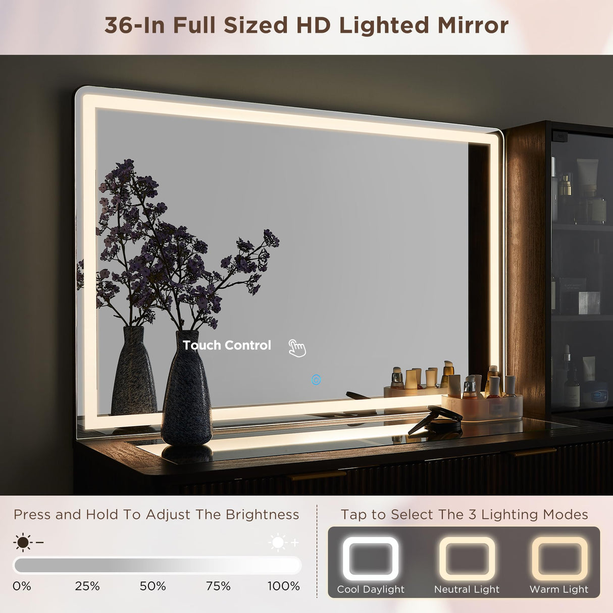 T4TREAM Fluted Makeup Vanity Desk with 36" HD Lighted Mirror, 48" Big Modern Vanity Desk with Mirror and Lights, Dressing Table with 5 Drawers & Shelves, Glass Top for Bedroom (Dark Walnut) T4TREAM