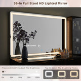 T4TREAM Fluted Makeup Vanity Desk with 36" HD Lighted Mirror, 48" Big Modern Vanity Desk with Mirror and Lights, Dressing Table with 5 Drawers & Shelves, Glass Top for Bedroom (Dark Walnut) T4TREAM